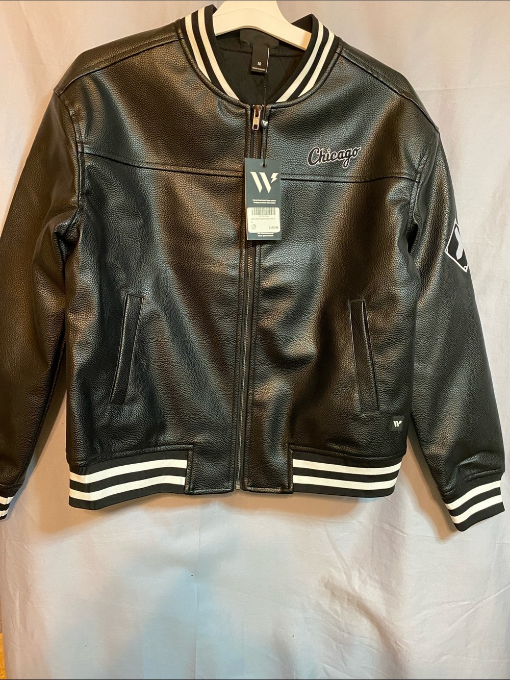 Chicago Black Faux Leather Varsity Jacket for Kids